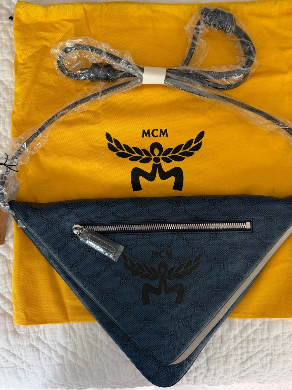 MCM Navy Blue Triangle Belt Bag with Logo Print